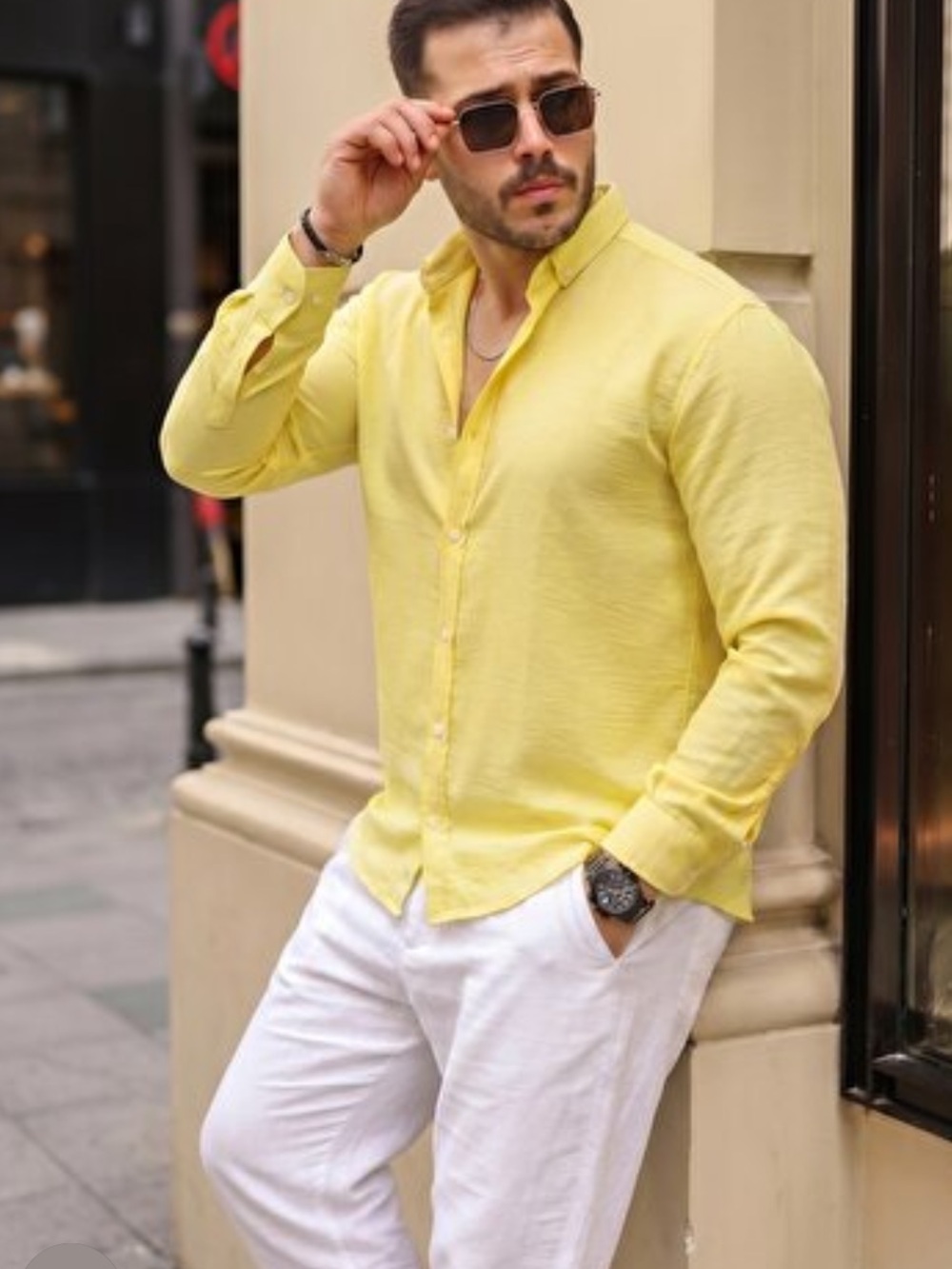 Zara Men's Yellow Long-Sleeve Button-Down Shirt